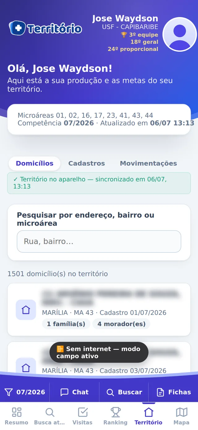 Modo campo offline com território sincronizado